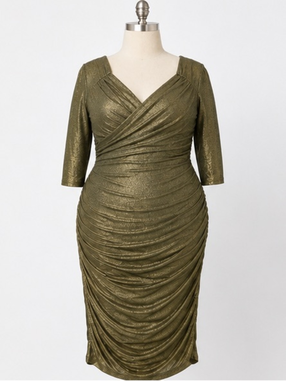 Wiggle Dress Olive Metallic Ruched Wrap Midi Dress